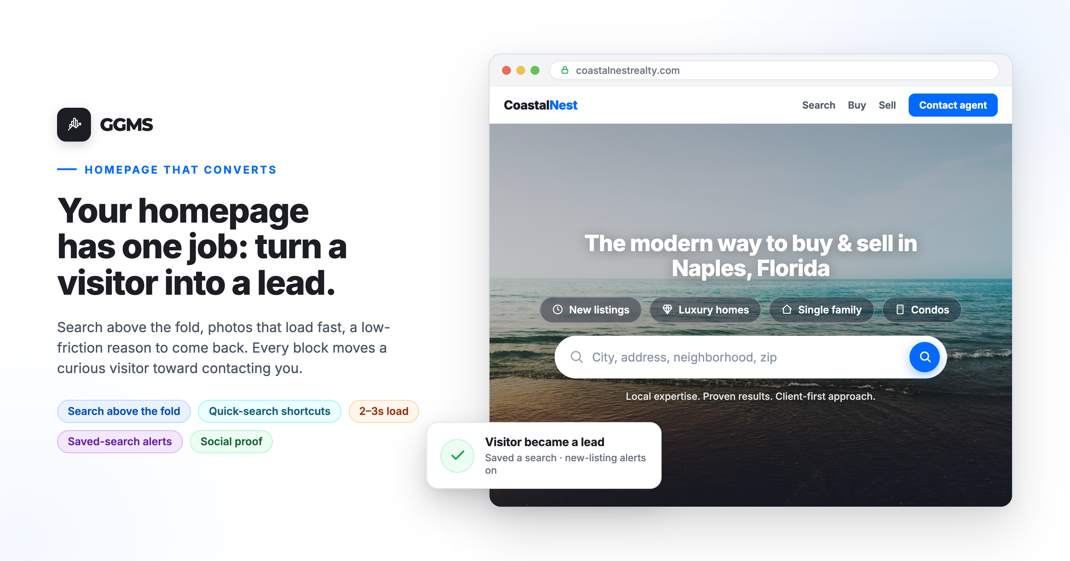 Real estate website homepage with a property search bar and quick-search shortcuts above the fold on desktop and mobile